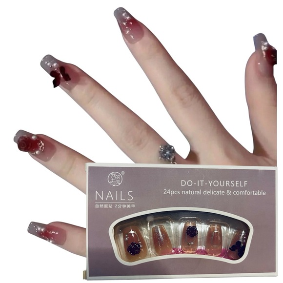 Rose Butterfly cover with White Pearl Press on nail nude color - Picture 2 of 5